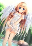  1girl absurdres angel angel_wings bare_shoulders blonde_hair blue_eyes blush commentary_request dress flat_chest halo highres hiragana_iroiro long_hair looking_at_viewer original solo sunlight water wet wet_clothes wet_dress white_dress wings wringing_clothes 