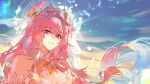  1girl absurdres aqua_hair bare_shoulders blue_sky breasts bridal_veil chinese_commentary commentary_request cyrene_(demiurge)_(honkai:_star_rail) cyrene_(honkai:_star_rail) dress halo highres honkai:_star_rail honkai_(series) long_hair looking_at_viewer medium_breasts multicolored_hair pink_eyes pink_hair sky smile solo two-tone_hair upper_body veil very_long_hair white_dress zhui_ming_jin_ge 