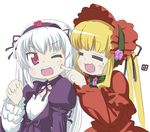  :3 bad_id bad_pixiv_id blonde_hair cheek_poking closed_eyes lucky_star multiple_girls nagian one_eye_closed poking rozen_maiden shinku silver_hair suigintou 