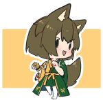  1girl animal_ears brown_gloves brown_hair chibi commentary_request dog_ears dog_tail full_body gloves green_kimono hiryuu_(kancolle) hiryuu_kai_san_(kancolle) imane_mui japanese_clothes kantai_collection kemonomimi_mode kimono mile orange_kimono partially_fingerless_gloves paw_pose short_hair single_glove solid_oval_eyes solo tail two-tone_kimono white_pantyhoses yugake 