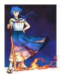  1girl absurdres adapted_costume blue_dress blue_hair bread_master commentary dress english_commentary flip-flops full_body highres hinanawi_tenshi long_hair one_eye_closed peach_hat_ornament planted planted_sword red_eyes sandals short_hair_with_long_locks sky sky_print solo standing star_(sky) starry_sky sword sword_of_hisou touhou two-tone_dress variant_set weapon white_dress 