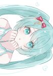  1girl :o aqua_eyes aqua_hair bow commentary hair_bow hatsune_miku heart highres long_hair looking_at_viewer more_more_jump!_miku orkaj_93 own_hands_together parted_lips project_sekai red_bow sidelocks sideways simple_background solo twintails vocaloid white_background 