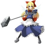  batsu blonde_hair blue_eyes gauntlets hammer pantyhose polearm ribbon shanghai_doll solo touhou warhammer weapon wings 