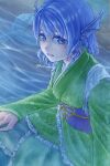  1girl blue_eyes blue_hair commentary_request drill_hair drill_sidelocks fins frilled_kimono frills green_kimono hasukappu head_fins highres japanese_clothes kimono long_sleeves looking_at_viewer merfolk mermaid monster_girl obi obijime purple_sash sash sidelocks solo touhou twitter_username wakasagihime water wet_kimono wide_sleeves 