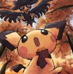  beak bird black_eyes bright_pupils commentary_request crow flying food forest highres holding holding_food looking_up murkrow nature no_humans open_mouth panha pichu pokemon pokemon_(creature) pokemon_focus red_eyes tail talons tree white_pupils 
