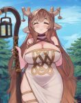  1girl animal_ears antlers blush breasts brown_hair cleavage closed_eyes commentary covered_navel curvy deer_antlers deer_ears deer_girl diana_(trickcal) dress holding holding_staff horns huge_breasts humanization long_hair looking_at_viewer ring_light_reflection smile solo staff trickcal very_long_hair zeromii 