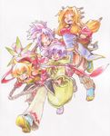  2girls blonde_hair brother_and_sister bud_(lom) imu_(lom) legend_of_mana lisa_(lom) mihoka multiple_boys multiple_girls purple_hair robe seiken_densetsu siblings toto_(lom) traditional_media watercolor_(medium) 