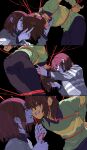  2others absurdres black_shirt blood blood_on_face bound brown_hair collared_shirt colored_skin commentary crying deltarune double_horizontal_stripe green_sweater grey_skin grey_sweater highres kris_(deltarune) lantern_madoyoi multiple_others other_focus pants red_eyes shirt short_hair single_horizontal_stripe string sweater untranslatable_commentary utdr_(toby_fox) vessel_(deltarune) yellow_skin 