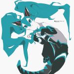  1girl animalization aqua_claws aqua_eyes aqua_hair aqua_necktie black_skirt body_fur boots cat commentary_request detached_sleeves grey_shirt hand_on_own_head hatsune_miku highres long_hair long_sleeves lying moonagvaze musical_note necktie on_back pawpads person_and_animalization pleated_skirt shirt simple_background skirt spoken_musical_note thigh_boots twintails very_long_hair vocaloid white_background 