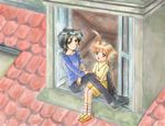  1girl ahiru ahoge black_hair fakir horikiri_akio orange_hair princess_tutu rooftop sitting_in_window through_window window 