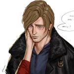  1boy 1girl ada_wong beard_stubble black_coat blue_eyes blue_shirt brown_hair closed_mouth coat commentary couple english_commentary english_text facial_hair fur-trimmed_coat fur_trim hand_on_another's_cheek hand_on_another's_face hetero highres leon_s._kennedy parted_bangs red_shirt resident_evil resident_evil_requiem rikky_yn shirt short_hair speech_bubble stubble twitter_username white_background 