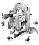  blush detached_sleeves flat_chest greyscale happy hatsune_miku kneeling long_hair microphone monochrome musical_note namori necktie skirt solo thighhighs twintails very_long_hair vocaloid 
