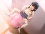  ball black_hair blue_eyes chakabo exercise_ball feet highres long_hair no_shoes original school_uniform solo thighhighs 