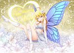  ahoge blonde_hair blue_wings boots butterfly_wings earrings flower gloves green_eyes hair_flower hair_ornament highres hoshii_miki idolmaster idolmaster_(classic) jewelry long_hair md5_mismatch open_mouth outsider_0 single_glove sitting skirt smile solo wings 
