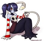  ashley_ann_swaby bare_shoulders black_hair blue_skin detached_collar detached_sleeves hair_over_one_eye leviathan_(skullgirls) long_skirt red_eyes side_ponytail sitting skirt skull skullgirls solo squigly_(skullgirls) stitched_mouth stitches striped_sleeves zombie 