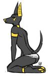  anthro anubis black_fur butt canine deity egyptian fur jackal looking_at_viewer mammal markings minimalism plain_background pose solo yellow_markings 