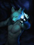  amazing anthro biceps black_nose blue_eyes canine cave claws cool_colors fire forest front fur lag2011 looking_at_viewer magic male mammal muscles night nude outside pecs pose solo standing tree white_fur wolf 