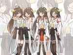  4koma ahoge bare_shoulders black_hair blue_eyes boots brown_hair comic detached_sleeves glasses grin hair_ornament hairband hand_on_another's_shoulder haruna_(kantai_collection) headgear hiei_(kantai_collection) highres japanese_clothes kantai_collection kirishima_(kantai_collection) kongou_(kantai_collection) long_hair multiple_girls nontraditional_miko open_mouth shamisen_(syami_sen) short_hair skirt smile thigh_boots thighhighs zettai_ryouiki zoom_layer 