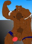  2013 abs anthro balls bear biceps big_muscles big_penis blue_eyes brown_fur clothing erection fangs flexing fur grizzly_bear looking_at_viewer male maxime-jeanne muscles nipples nude pecs penis pose ripped smile solo standing topless vein 