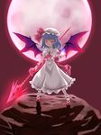  ankle_socks ascot bat_wings blue_hair bow brooch clenched_teeth collarbone cross-laced_footwear energy_ball fang fingernails full_moon glowing hand_up hat hat_ribbon highres jewelry long_fingernails looking_at_viewer mob_cap moon nail_polish noronosuke red_background red_eyes red_moon remilia_scarlet ribbon rock shadow sharp_fingernails short_hair simple_background skirt skirt_set solo spear_the_gungnir teeth touhou wings wrist_cuffs 