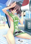  1girl :d absurdres ahoge arm_up armpits bare_shoulders barefoot beach_umbrella blush breasts brown_hair covered_nipples erect_nipples highres holding imouto_senbatsu_sousenkyo kamitsurugi_ouka light_rays looking_at_viewer megaphone mound_of_venus nude open_mouth red_eyes scan sideboob sitting smile solo sunbeam sunlight tachibana_yotsuha translation_request twintails wariza 