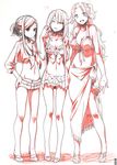  bad_id bad_pixiv_id breasts cleavage hand_on_hip long_hair looking_at_viewer medium_breasts monochrome multiple_girls navel original sarong shimoe sketch swimsuit 