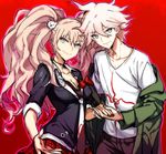  1girl bad_id bad_pixiv_id blue_eyes bow breasts cleavage danganronpa danganronpa_1 enoshima_junko grey_eyes hair_bow hair_ornament holding_hands hood hoodie jacket komaeda_nagito long_hair medium_breasts mery_(apfl0515) nail_polish necktie pink_hair school_uniform short_hair skirt sleeves_rolled_up smile spoilers super_danganronpa_2 twintails white_hair 