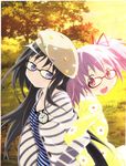  :d absurdres akemi_homura back-to-back bespectacled black-framed_eyewear casual floral_print glasses hair_ribbon hat highres kaname_madoka locked_arms long_hair mahou_shoujo_madoka_magica multiple_girls official_art open_mouth pink_eyes pink_hair purple_eyes red-framed_eyewear ribbon short_hair short_twintails smile sunset tree twintails 
