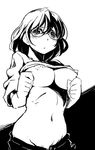  blush breasts from_below glasses greyscale kubocha large_breasts looking_at_viewer looking_down monochrome navel nipples original simple_background solo white_background 