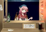  bird_wings blue_background blush bottle chopsticks collarbone food_stand glass head_scarf head_tilt highres japanese_clothes kimono looking_at_viewer mystia_lorelei noronosuke okamisty parted_lips pink_hair plate shelf short_hair solo touhou wings yellow_eyes 