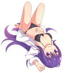  barefoot bikini black_bikini blush breasts full_body gj-bu hand_on_own_stomach jito long_hair looking_at_viewer lying medium_breasts on_back open_clothes open_mouth open_shirt purple_eyes purple_hair shirt side-tie_bikini simple_background smile solo sumeragi_shion swimsuit upside-down very_long_hair white_background 