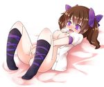  bed blush bottomless bow breasts brown_hair fingering hair_bow hair_ornament himekaidou_hatate large_breasts lying masturbation nipples no_bra open_clothes open_mouth open_shirt puffy_sleeves purple_bow purple_eyes pussy pussy_juice shirt socks solo touhou twintails yuuki_(yuyuki000) 