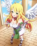 ahoge angel_wings ankle_lace-up bare_shoulders blonde_hair blush boots breasts choker cleavage cross-laced_footwear detached_sleeves dress green_eyes hoshii_miki idolmaster idolmaster_(classic) kerokero00frog large_breasts long_hair open_mouth smile solo wings 