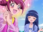  aoki_reika blue_hair blush closed_eyes day hands_clasped heart heart-shaped_pupils hoshizora_miyuki long_hair multiple_girls open_mouth own_hands_together pink_hair pink_vest precure sky smile smile_precure! symbol-shaped_pupils tonbi vest 