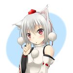  animal_ears bare_shoulders blush bridal_gauntlets detached_sleeves hand_up hat high_collar inubashiri_momiji looking_at_viewer noronosuke pom_pom_(clothes) red_eyes short_hair simple_background solo tokin_hat touhou triangle_mouth two-tone_background white_hair wolf_ears 