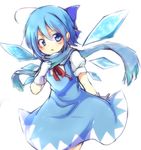  ahoge blue_dress blue_eyes blue_hair blush bow cirno dress embellished_costume gloves hair_bow ice ice_wings looking_at_viewer puffy_sleeves scarf shirt short_sleeves simple_background solo tosura-ayato touhou white_background white_gloves wings 