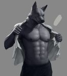  abs anthro biceps black_nose blue_eyes canine clothing detailed front fur grey_background grey_fur greyscale grin holding lag2011 looking_at_viewer male mammal monochrome muscles naughty_face navel nipples open_shirt pants pecs pinup plain_background pose seductive shiny shirt smile solo standing toned torn_clothing undressing wolf 
