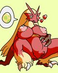  big_breasts big_nipples bird blaziken breasts chicken egg_heavy female flygon_(artist) green_background green_eyes large_nipples nintendo nipples non-mammal_breasts nude plain_background pok&#233;mon pok&eacute;mon pregnant pussy solo sya video_games 