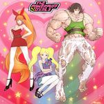  absurdly_long_hair bare_shoulders blonde_hair blossom_(ppg) blue_eyes blue_skirt breasts brown_hair bubbles_(ppg) buttercup_(ppg) camisole cleavage clenched_hands dress freckles green_eyes hand_on_another's_chest hand_on_hip hat heart high_heels highres kazeco long_hair mary_janes multiple_girls muscle octopus pantyhose pink_background ponytail powerpuff_girls red_eyes red_hair shoes short_dress simple_background skirt smile standing star strapless strapless_dress stuffed_animal stuffed_toy thighhighs tiptoes torn_clothes twintails veins very_long_hair white_legwear 