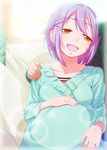  1girl :d brown_eyes commentary_request good_end hair_ornament hairclip hand_on_own_stomach happy hetero idolmaster idolmaster_cinderella_girls jewelry koshimizu_sachiko natsumi_akira open_mouth pregnant producer_(idolmaster) purple_hair ring short_hair smile wedding_band 