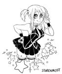  1girl ashley_ann_swaby fairy_tail garters highres key lineart lucy_heartfilia monochrome payot scrunchie short_twintails sidelocks skirt sleeveless smile solo star tattoo twintails wrist_cuffs 