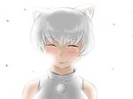  alternate_hairstyle animal_ears backlighting bare_shoulders blush closed_eyes commentary_request eyebrows high_collar inubashiri_momiji kirin_(parko) no_hat no_headwear pom_pom_(clothes) short_hair simple_background smile solo tears touhou upper_body white_background white_hair wolf_ears 