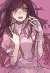  apron bandages blush danganronpa heart heart-shaped_pupils long_hair nurse open_mouth pink_background purple_eyes purple_hair shrie skirt solo spoilers super_danganronpa_2 symbol-shaped_pupils syringe tsumiki_mikan 