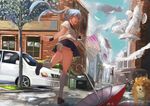  animal blue_eyes blue_hair building car darwinwu hatsune_miku long_hair panties seifuku skirt tree twintails umbrella underwear upskirt vocaloid water 