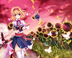  absurdres alice_margatroid bad_id bad_pixiv_id bird blonde_hair blue_eyes book book_hug bug butterfly capelet cherry_blossoms crossed_arms dress dutch_angle field flower flower_field grass green_eyes hairband head_tilt highres holding holding_book insect lolita_hairband long_sleeves looking_at_viewer path petals red_sky ribbon road sash shanghai_doll short_hair short_sleeves sky smile solo stream sunflower thighhighs touhou tree twilight vivian_(lancerhd) wind wrist_cuffs 