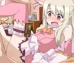  1girl blonde_hair blush boots censored clothed_sex dress elbow_gloves fate/kaleid_liner_prisma_illya fate_(series) feathers gloves hair_feathers illyasviel_von_einzbern long_hair lying oekaki open_mouth penis pussy red_eyes sex solo_focus spread_legs tears thigh_boots thigh_strap thighhighs tomu_(tomubobu) tomubobu wand 