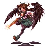  arm_cannon black_legwear bow breasts brown_hair cleavage hair_bow large_breasts long_hair open_mouth radiation_symbol red_eyes reiuji_utsuho solo sw_(stevew) thighhighs third_eye touhou weapon wings 