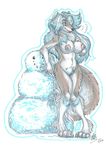  aqua_hair blue_hair blush breasts canine chest_tuft female fenrir_lunaris fur grostenmeiers hair hyper lassie_lunaris mammal nipples nude plain_background pubes pussy simple_background snow snowman solo standing tan_fur tuft white_background white_fur wolf 