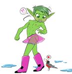  ?! avian beast_boy bird blush butt crossdressing girly green_eyes green_hair green_skin hair humanoid kamechuu male nipples panties solo teen_titans underwear 