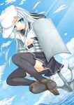  black_legwear blue_eyes blush hammer_and_sickle hat hibiki_(kantai_collection) izumo-ss-yoshitunedenn kantai_collection long_hair looking_at_viewer panties pantyshot pantyshot_(standing) pleated_skirt school_uniform serafuku silver_hair skirt solo standing star thighhighs underwear verniy_(kantai_collection) zettai_ryouiki 